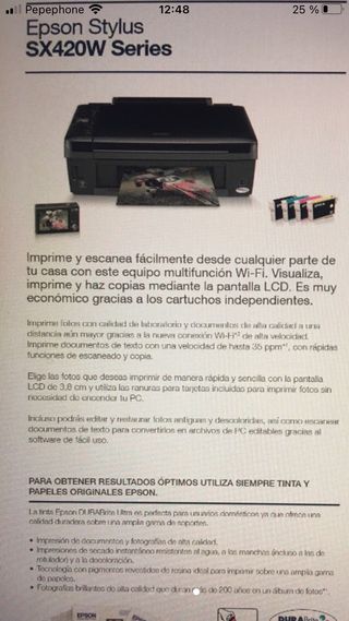 Impresora Epson Stylus SX420W Wifi de segunda mano por 40 EUR en Logroño en  WALLAPOP