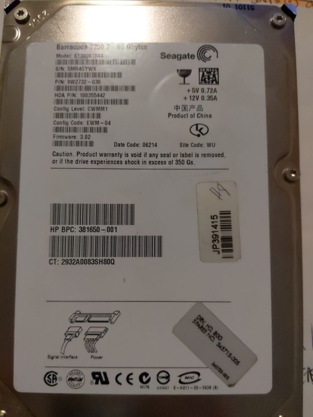 Disco SATA 80 gb 7200 rpm un año uso