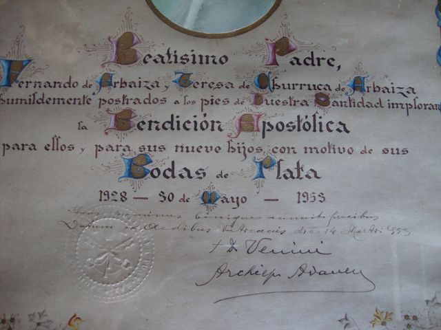 BENDICION APOSTOLICA PAPA PIO XII BODAS PLATA 1953