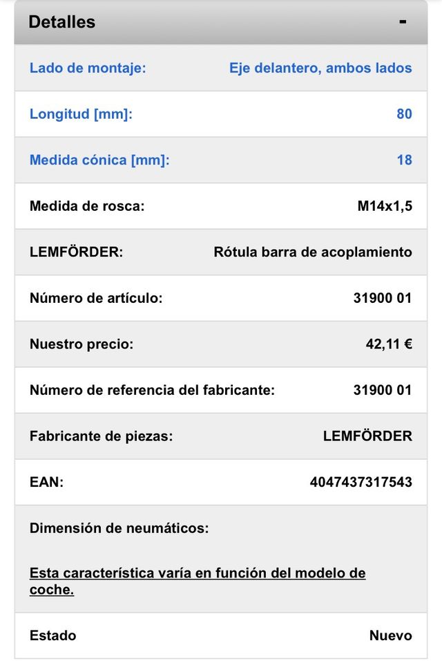 Rótula barra de acoplamiento LEMFORDER OFERTA