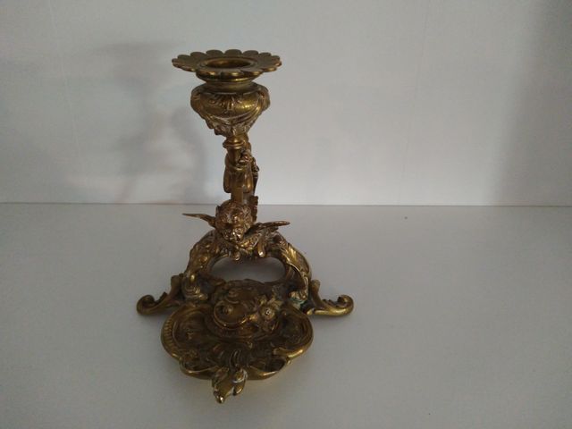 Tintero y palmatoria de bronce macizo siglo XIX