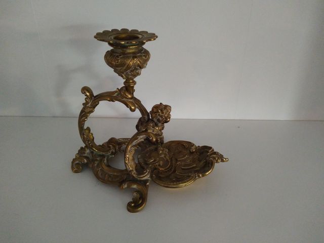 Tintero y palmatoria de bronce macizo siglo XIX
