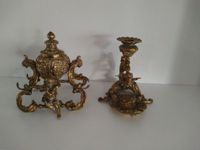 Tintero y palmatoria de bronce macizo siglo XIX