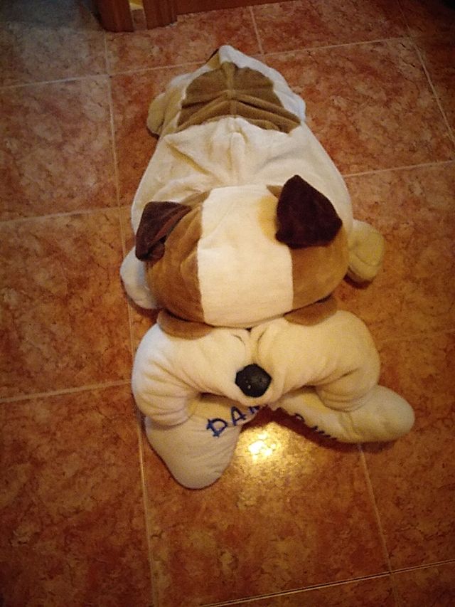 Peluche perro con hueso