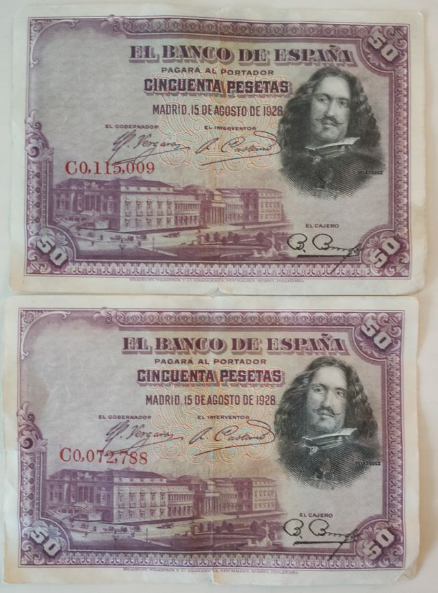 2 Billetes de 50 pesetas de 1928.