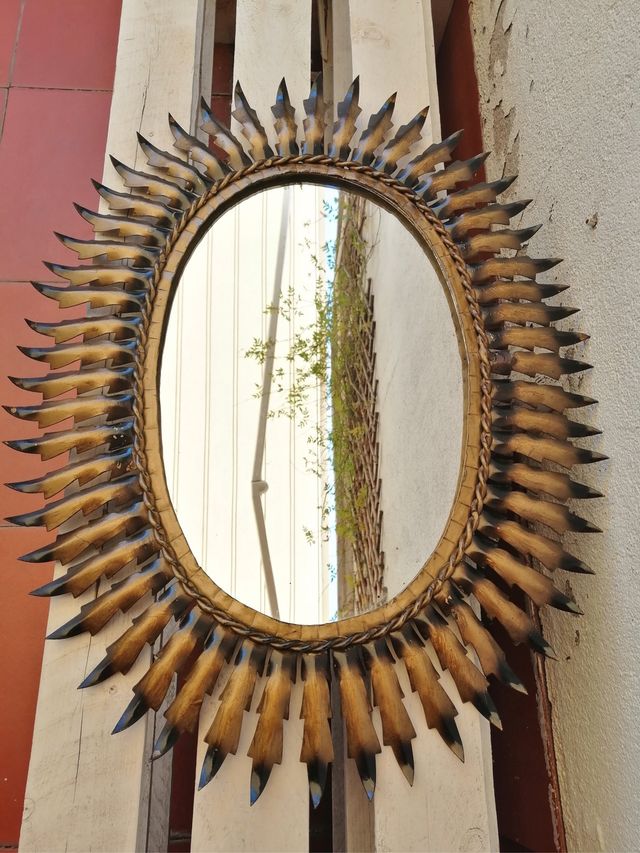 ESPEJO SOL OVALADO METAL DORADO VINTAGE ANTIGUO