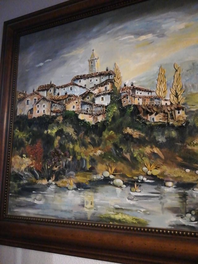 cuadro óleo y relieve ( piedras ramas)