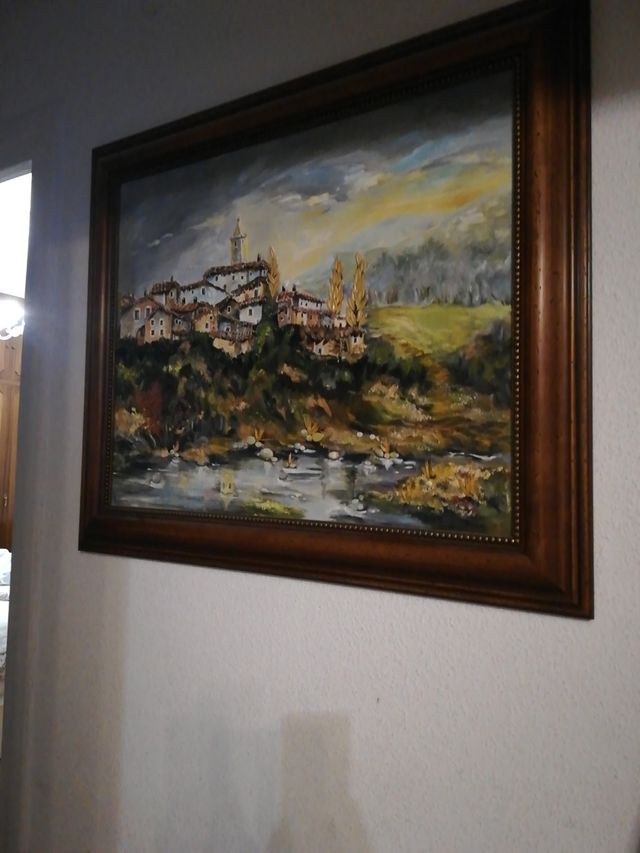 cuadro óleo y relieve ( piedras ramas)