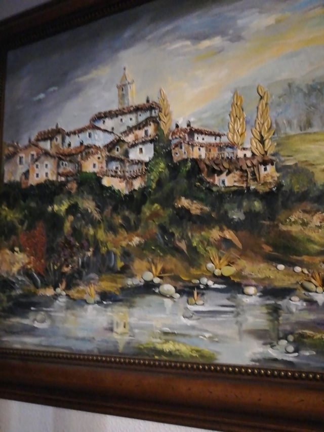 cuadro óleo y relieve ( piedras ramas)