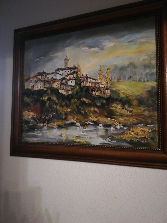 cuadro óleo y relieve ( piedras ramas)