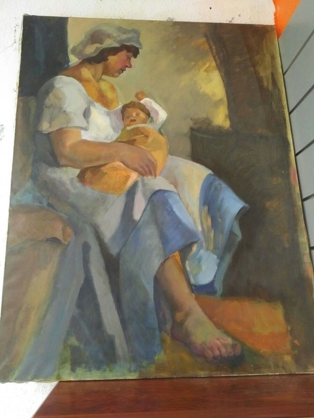 Cuadro al óleo sobre lienzo. Mujer con niño