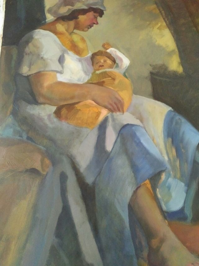 Cuadro al óleo sobre lienzo. Mujer con niño