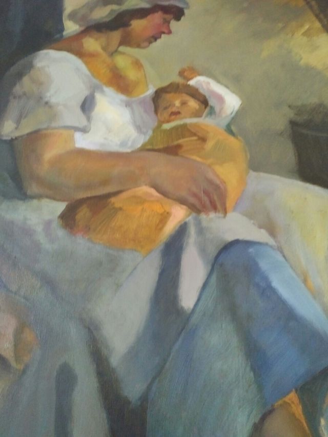 Cuadro al óleo sobre lienzo. Mujer con niño