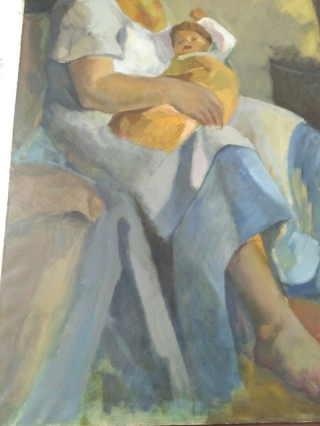 Cuadro al óleo sobre lienzo. Mujer con niño