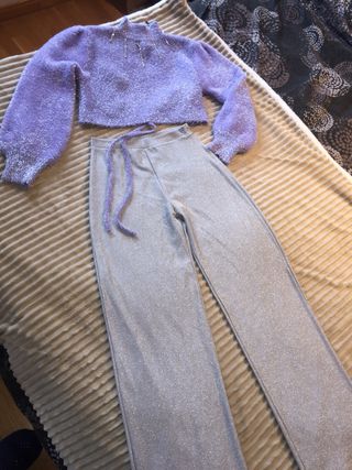 Pantalón plata brillante+Jersey Fiesta Bershka de segunda mano por 29,9 EUR  en Sant Cugat del Vallès en WALLAPOP