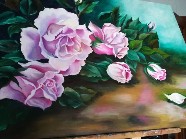 Cuadro pintura al óleo Rosas sobre la mesa