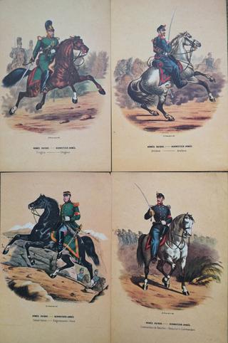 Lote 4 láminas soldados a caballo ejercito Suizo