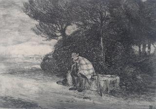 Grabado señor sentado por Ricardo Baroja 1975