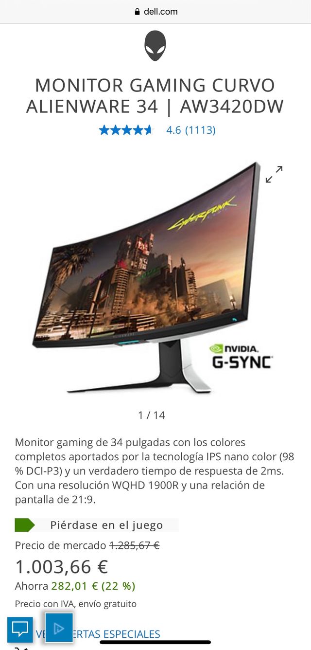 Monitor Profesional Gaming Curvo Dell Alienware 34
