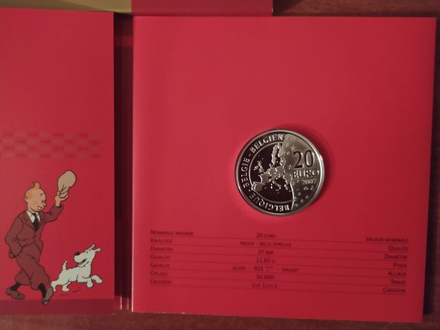 Moneda 20€ Bélgica 2007. Tintin