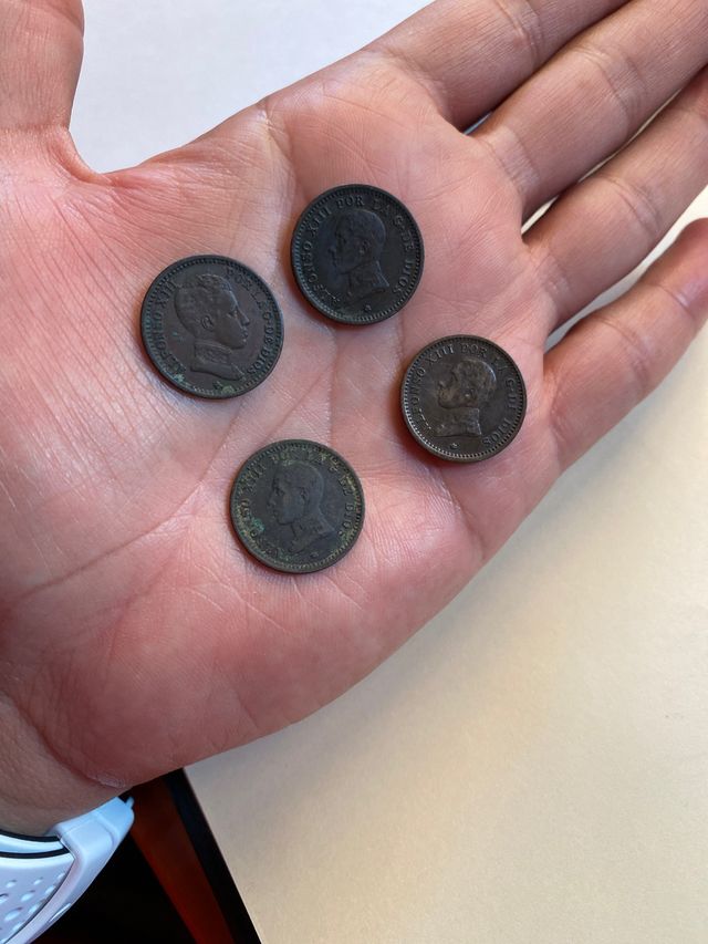 4 monedas de cobre de 2 céntimos Alfonso XIII
