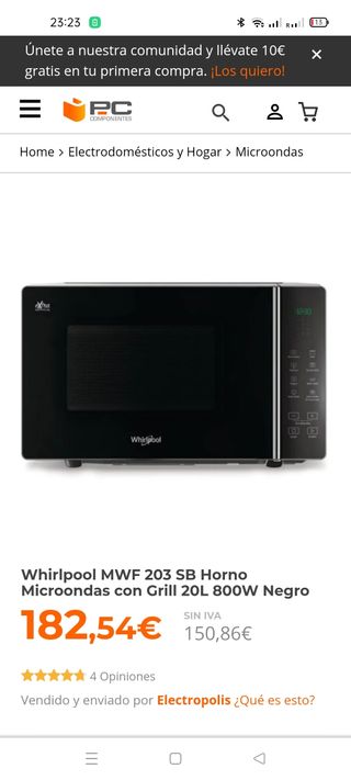 Whirlpool MWF 203 SB Horno Microondas con Grill 20 de segunda mano por 139  EUR en Rincón de la Victoria en WALLAPOP