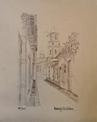 Cuadro grabado pueblo con iglesia al fondo