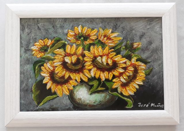 Acrílico girasoles pintado en tablilla marco nuevo