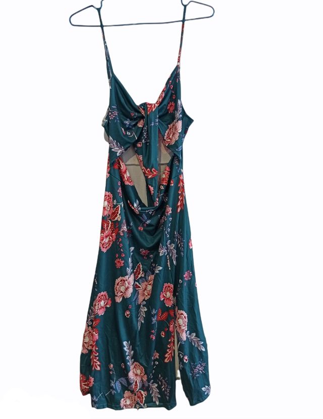 Vestido largo tirantes verde petróleo y flores