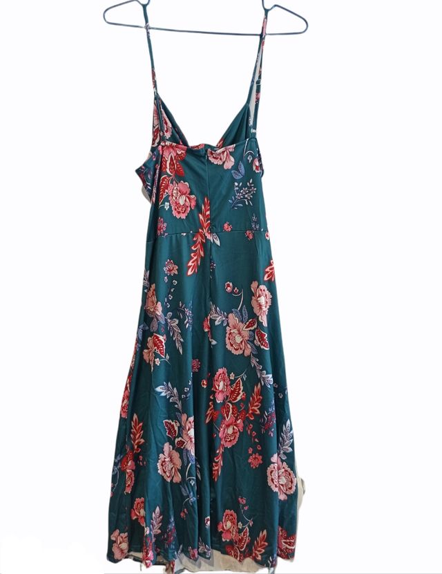 Vestido largo tirantes verde petróleo y flores