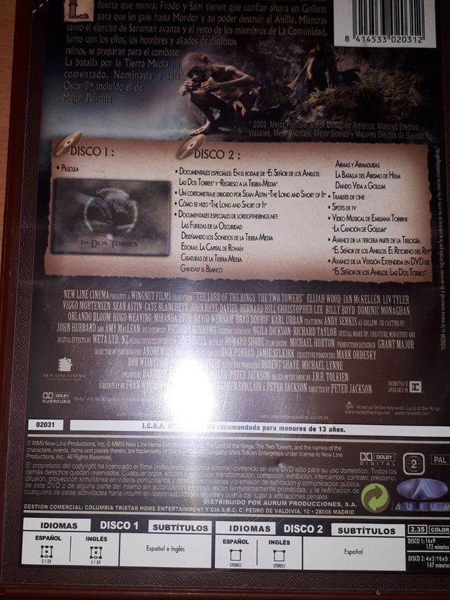 DVD EL SEÑOR DE LOS ANILLOS - LAS DOS TORRES