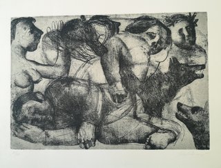 Grabado señores y perro por Adolfo Bartolomé