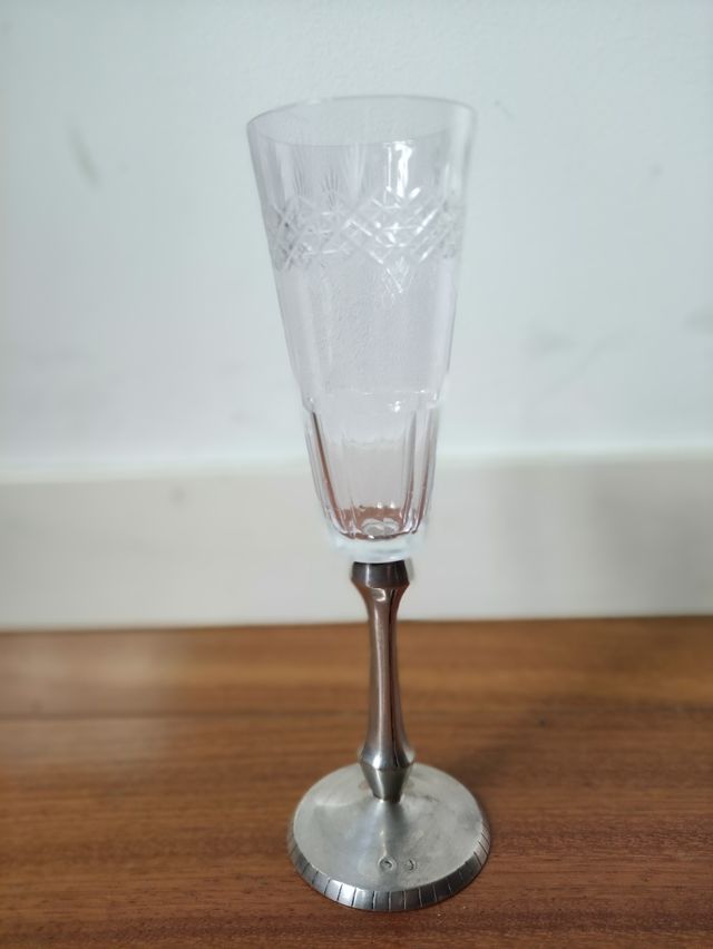 Juego de 6 copas de champán cristal y plata de ley