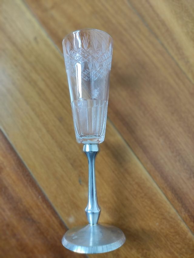 Juego de 6 copas de champán cristal y plata de ley