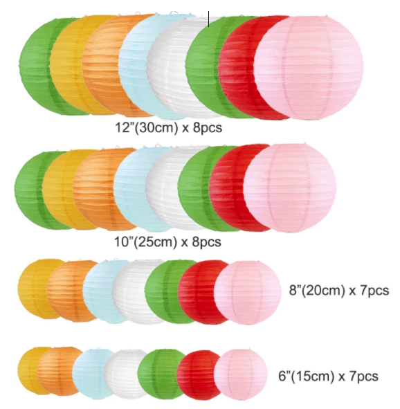 30 linternas de papel multicolor varios tamaños