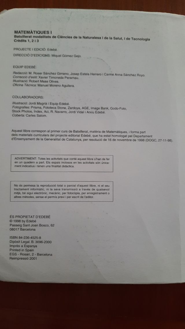 Matemàtiques, 1 Batx ISBN:978-84-236-4525-1