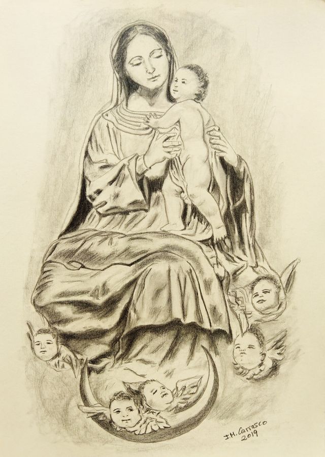 Dibujo de virgen a lápiz. Tamaño: 21x30 cm.
