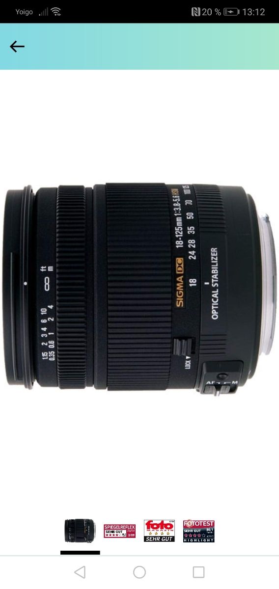 Objetivo Sigma DC 18-125mm con parasol.