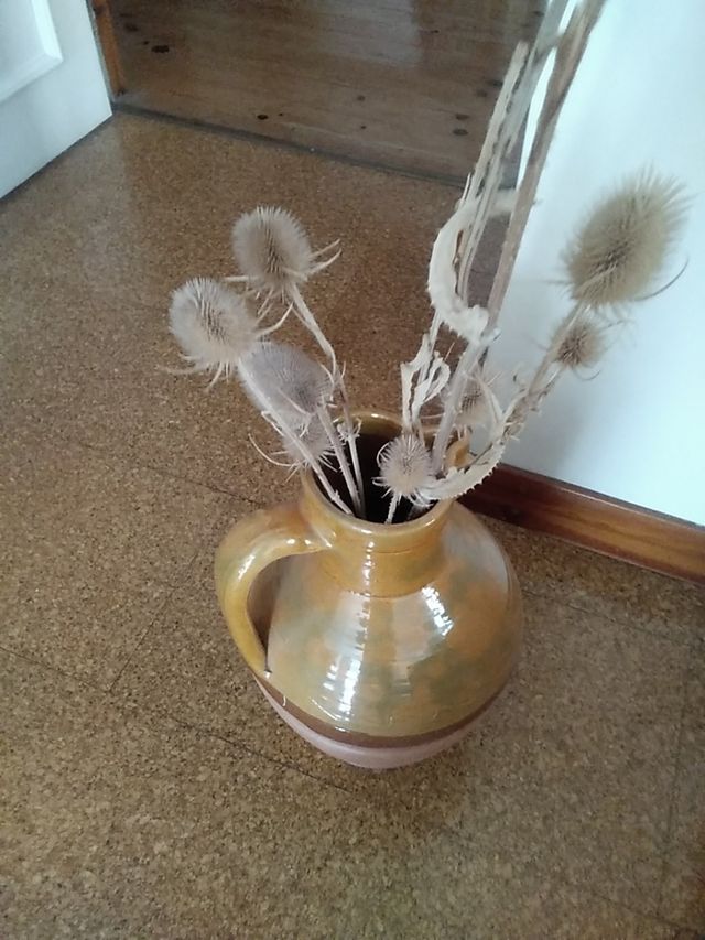 Cántaro barro y vidriado y plantas secas Oferta!