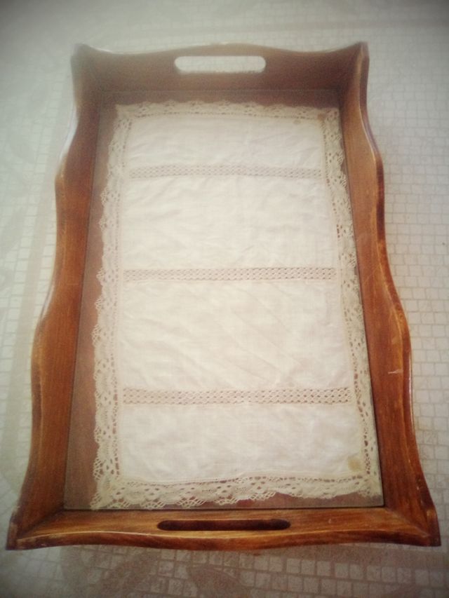 bandeja vintage retro madera cristal paño