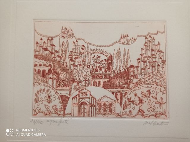 Incisione all'acquaforte stampata con torchio