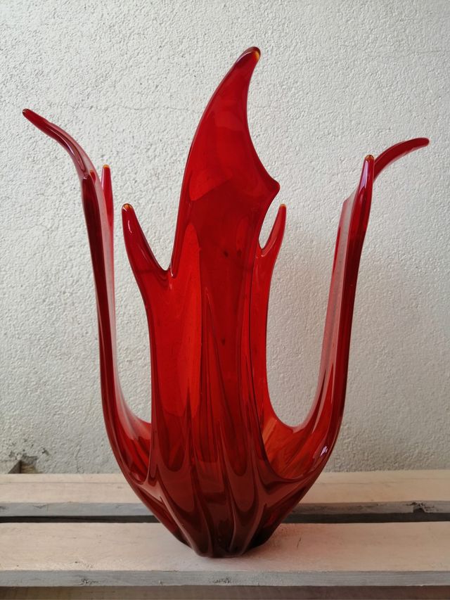 CENTRO MESA JARRÓN VINTAGE AÑOS 60 70 CRISTAL ROJO