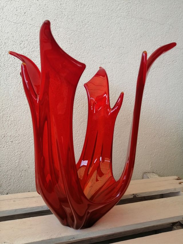 CENTRO MESA JARRÓN VINTAGE AÑOS 60 70 CRISTAL ROJO