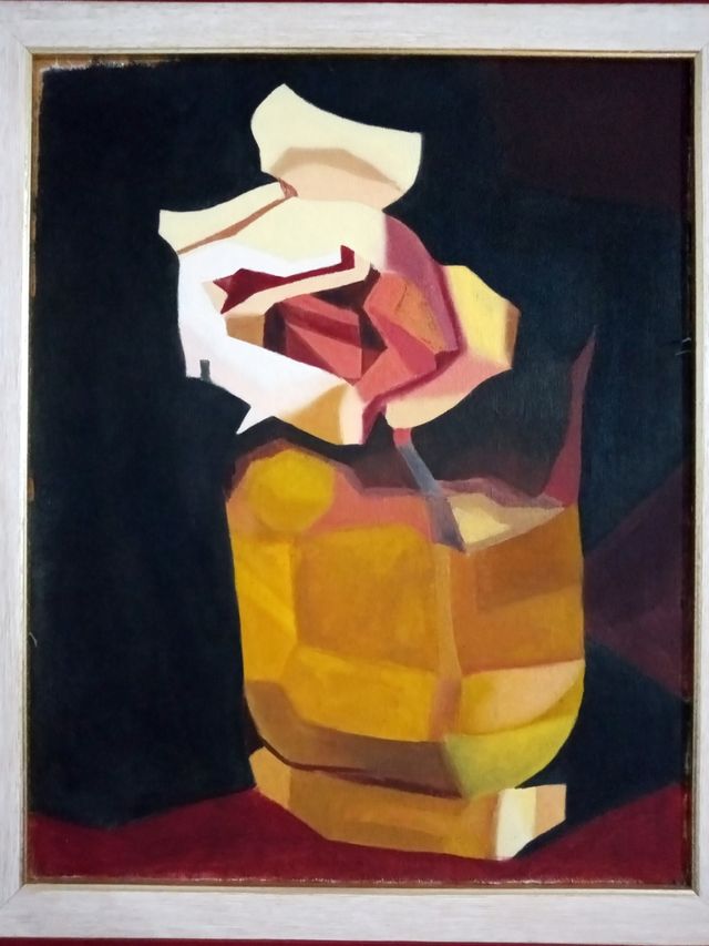 Cuadro al óleo de rosa abstracta.