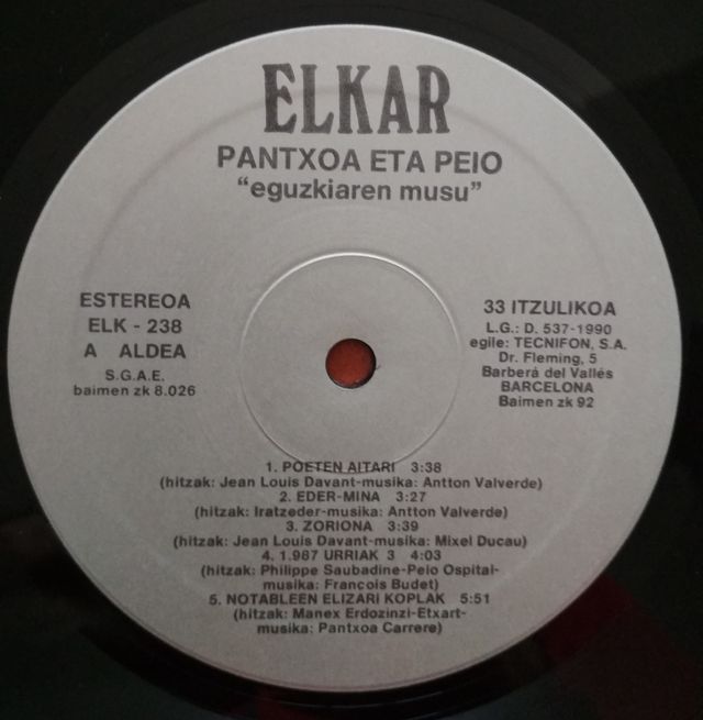 PANTXOA ETA PEIO - Eguzkiaren musu LP (1990)