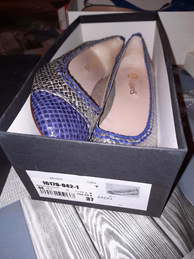 zapatos bailarinas plateado y azul piel genuina