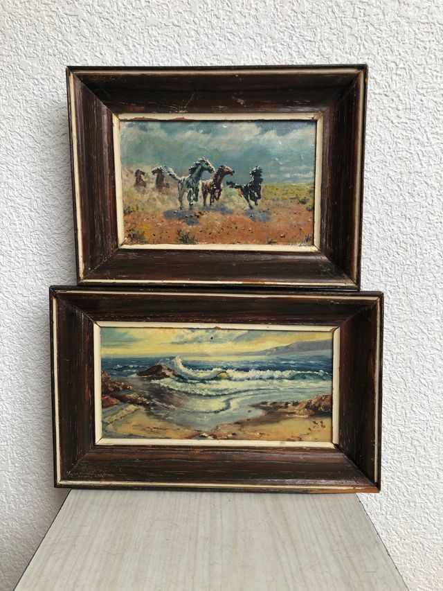 Oleo; con marco: miniatura,dos unidades,