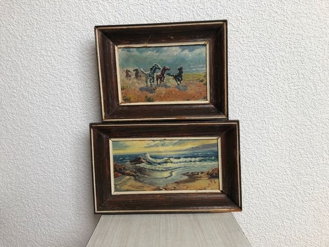 Oleo; con marco: miniatura,dos unidades,