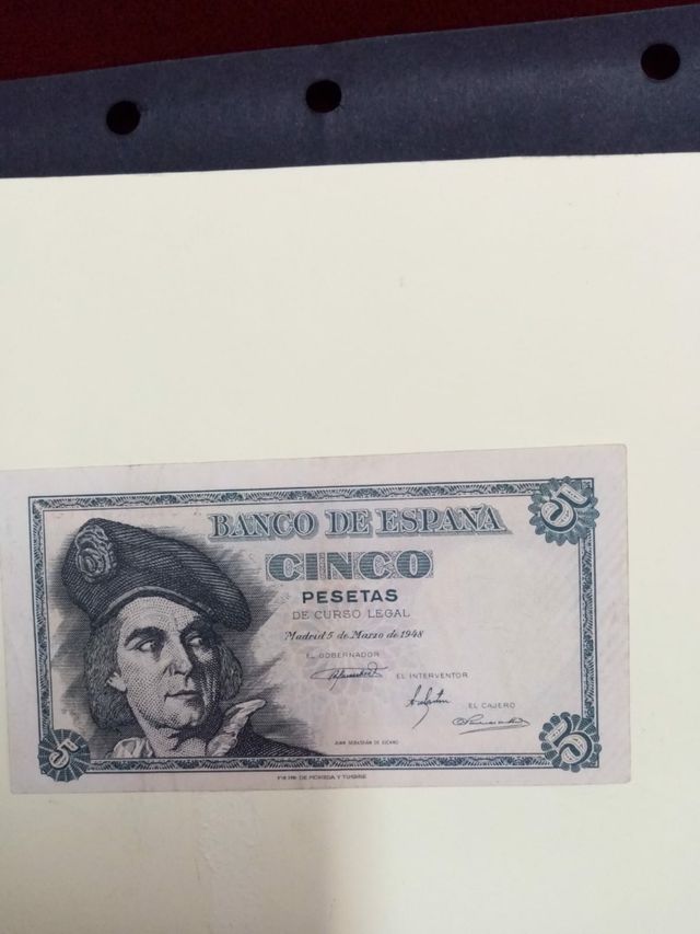 Banco de España, billete de 5 pesetas, año 1948, J
