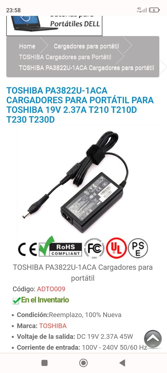 Vendo cargador portátil Toshiba nuevo